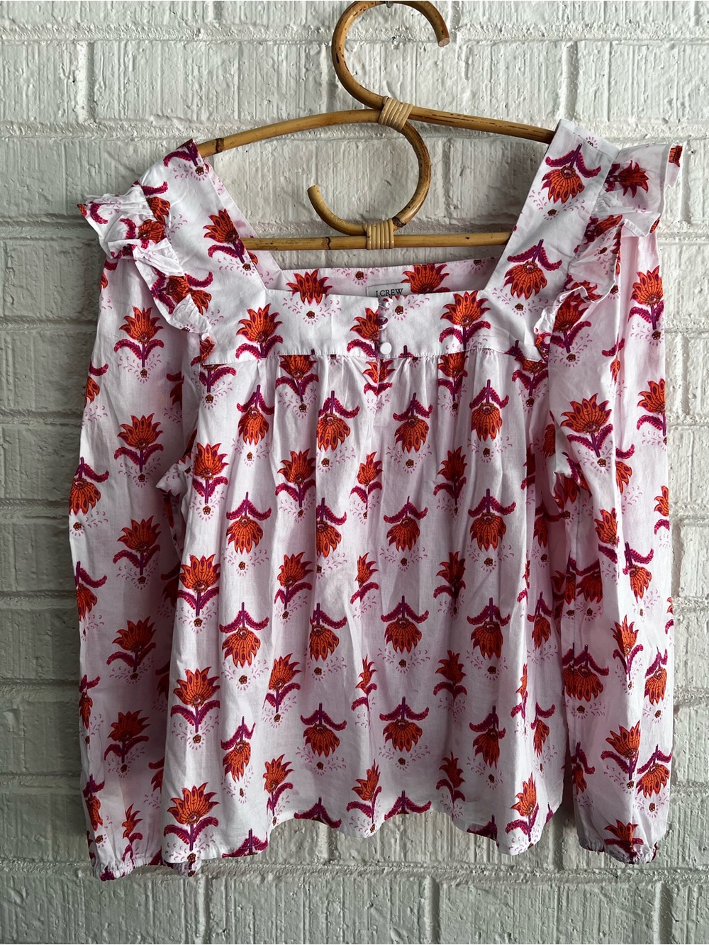 J Crew Lightweight White Block Print Peasant Blouse a sz M